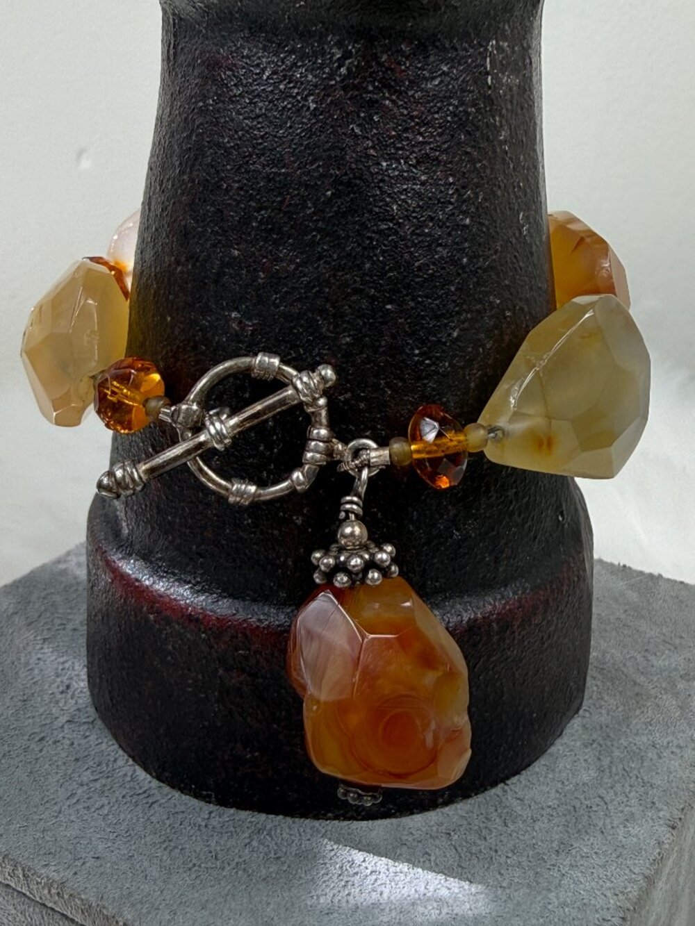 Carnelian & Sterling Silver Stone Bead Bracelet Toggle Clasp 8"